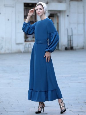 Selma Sarı Design İndigo Kemerli Mira Elbise