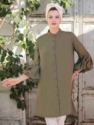 Selma Sarı Design Haki Rahat Kumaş Balon Kol Gömlek Tunik