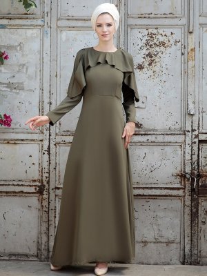 Selma Sarı Design Haki Omuz Fırfır Detaylı Elbise