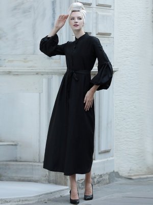 Selma Sarı Design Siyah Balon Kol Gömlek Elbise