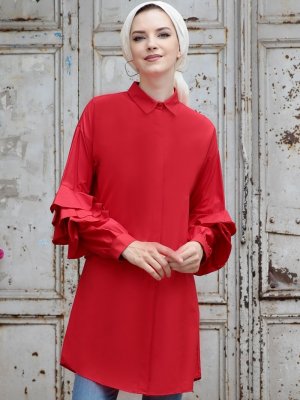 Selma Sarı Design Kırmızı Kol Detaylı Fırfır Tunik