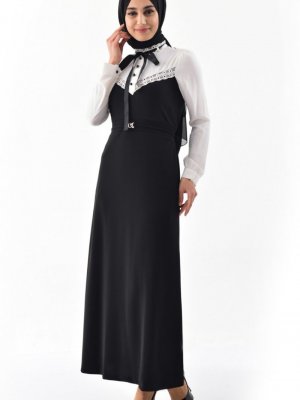 Sefamerve Siyah Dantel Detaylı Klasik Elbise
