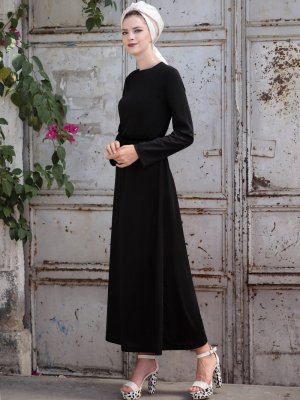 Selma Sarı Design Siyah Basic Kemerli Fırfırlı Elbise