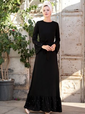 Selma Sarı Design Siyah Volan Kol İnci Çakma Elbise