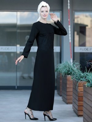 Selma Sarı Design Siyah Önü Tül Detaylı Elbise
