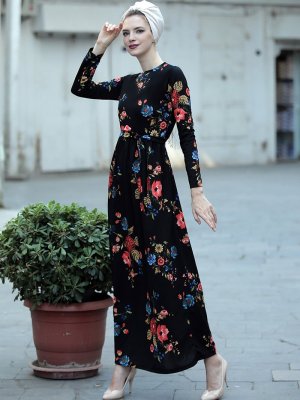 Selma Sarı Design Siyah Nar Çiçeği Gonca Elbise