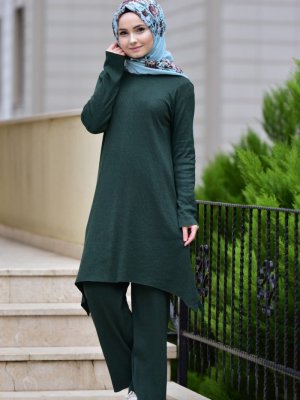 Sefamerve Zümrüt Yeşili Fitilli Triko Tunik Pantolon İkili Takım