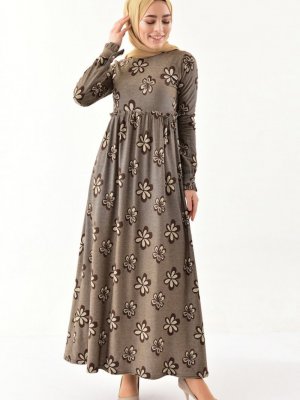 Sefamerve Kahverengi Desenli Fırfırlı Elbise