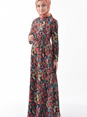 Sefamerve Koyu Lacivert Çiçek Desenli Kuşaklı Elbise