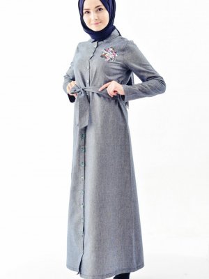 Sefamerve Lacivert Pullu Kuşaklı Elbise