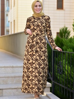 Sefamerve Kahverengi Vizon Kuşaklı Elbise