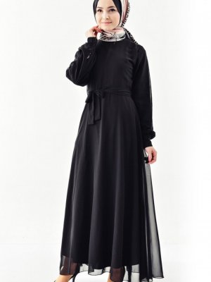 Sefamerve Siyah Kuşaklı Şifon Elbise