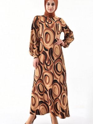 Sefamerve Hardal Kahverengi Desenli Elbise