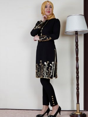 AYŞE MELEK TASARIM Siyah Eteği Çiçekli Abiye Elbise Tunik&Pantolon İkili Takım