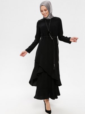 SOFMINA Siyah Volan Detaylı Elbise