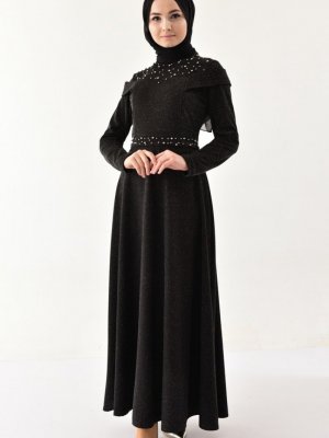 Sefamerve Siyah İnci Detaylı Simli Abiye Elbise