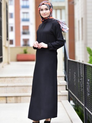 Sefamerve Siyah Kolu Lastikli Elbise