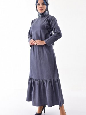 Sefamerve Kot Mavi Eteği Büzgülü Elbise
