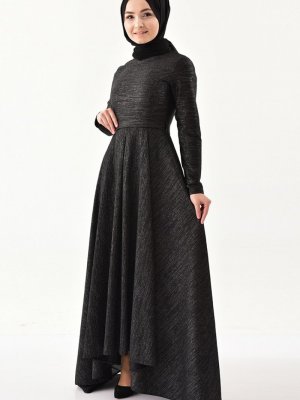 Sefamerve Siyah Simli Kuşaklı Asimetrik Elbise