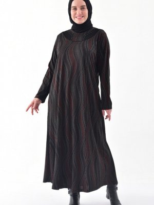 Sefamerve Siyah Kahverengi Büyük Beden Desenli Elbise