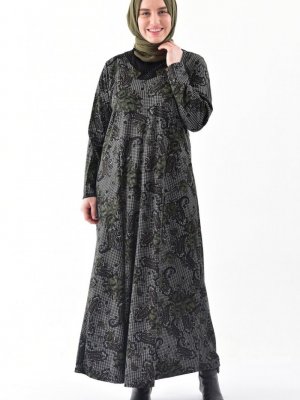 Sefamerve Siyah Haki Büyük Beden Taş Baskılı Elbise
