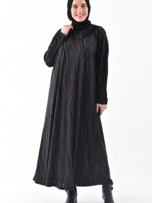 Sefamerve Siyah Gri Büyük Beden Desenli Elbise