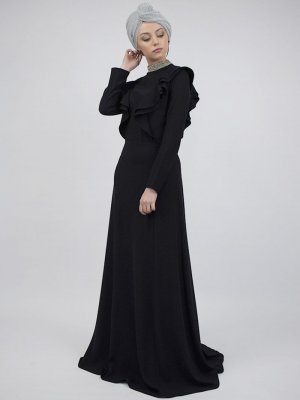 Sew&Design Siyah İşlemeli Krep Abiye Elbise