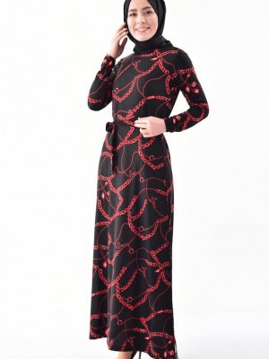 Sefamerve Siyah Desenli Kuşaklı Elbise