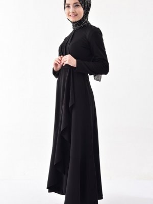 Sefamerve Siyah Volanlı Kuşaklı Elbise