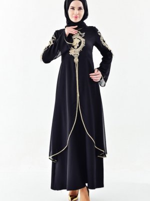 Sefamerve Siyah Güpürlü Abiye Elbise