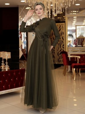 Selma Sarı Design Haki Açelya Abiye Elbise