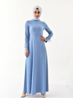 Sefamerve Mavi Dantel Detaylı Kuşaklı Elbise