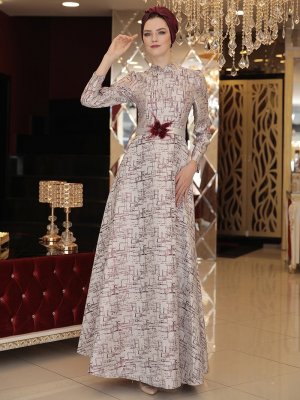 Selma Sarı Design Bordo Pul Jakar Abiye Elbise