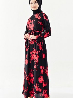 Sefamerve Siyah Kırmızı Kuşaklı Elbise