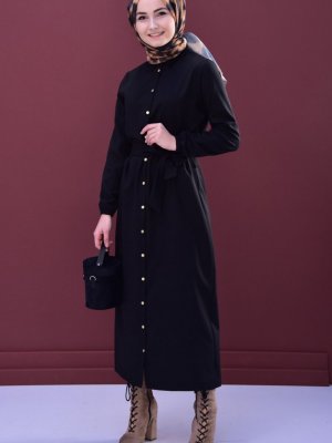 Sefamerve Siyah Gömlek Yaka Elbise