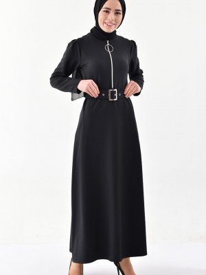 Sefamerve Siyah Fermuar Detaylı Kemerli Elbise