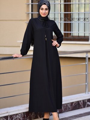 Sefamerve Siyah Kolu Lastikli Viskon Elbise