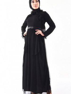 Sefamerve Siyah Fırfırlı Abiye Elbise