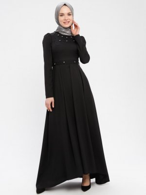 Moda Zenis Siyah Boncuk İşlemeli Abiye Elbise