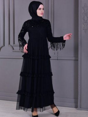 Sefamerve Siyah Payet Detaylı Abiye Elbise