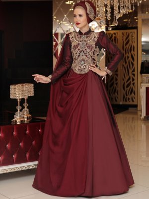 Selma Sarı Design Bordo Hare Abiye Elbise