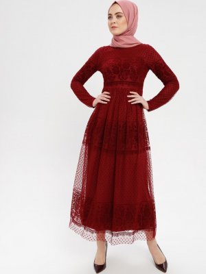 Loreen By Puane Bordo Kadife Detaylı Tüllü Abiye Elbise