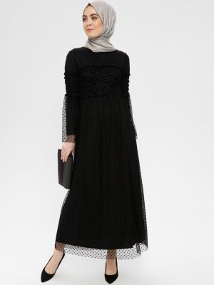 Loreen By Puane Siyah Tüllü İspanyol Kol Abiye Elbise