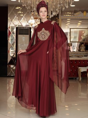 Selma Sarı Design Bordo Hira Abiye Elbise