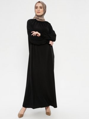 ECESUN Siyah Yakası ve Kol Ucu Lastikli Elbise