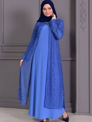 Sefamerve Mavi Büyük Beden Takım Görünümlü Abiye Elbise