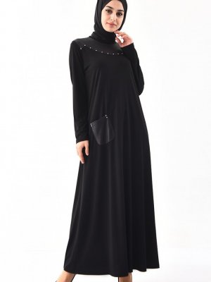 Sefamerve Siyah Büyük Beden İnci Detaylı Elbise