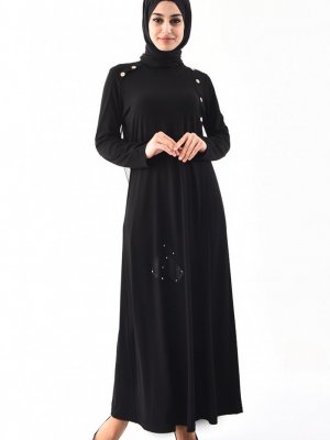 Sefamerve Siyah Büyük Beden Düğme Detaylı Elbise