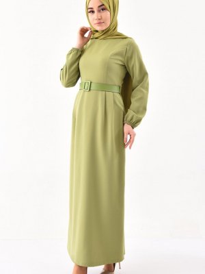 Sefamerve Fıstık Yeşili Kemerli Elbise