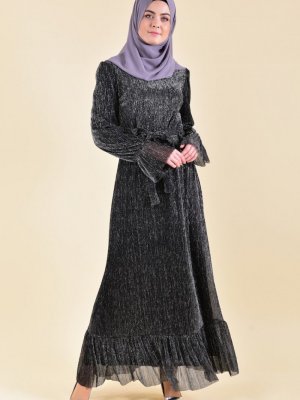 Sefamerve Siyah Fırfırlı Simli Elbise